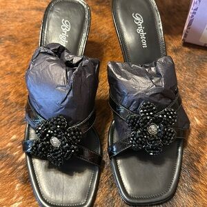 Black Brighton Flower Rhinestone Kitty Heels
